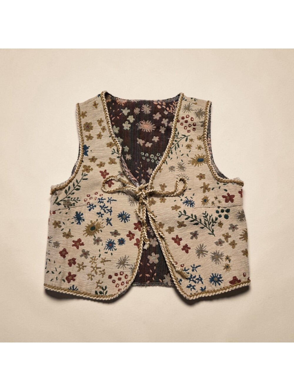 Floral Tapestry Vest Tie Front Braided Gold Trim Cottagecore Boho Cream Small